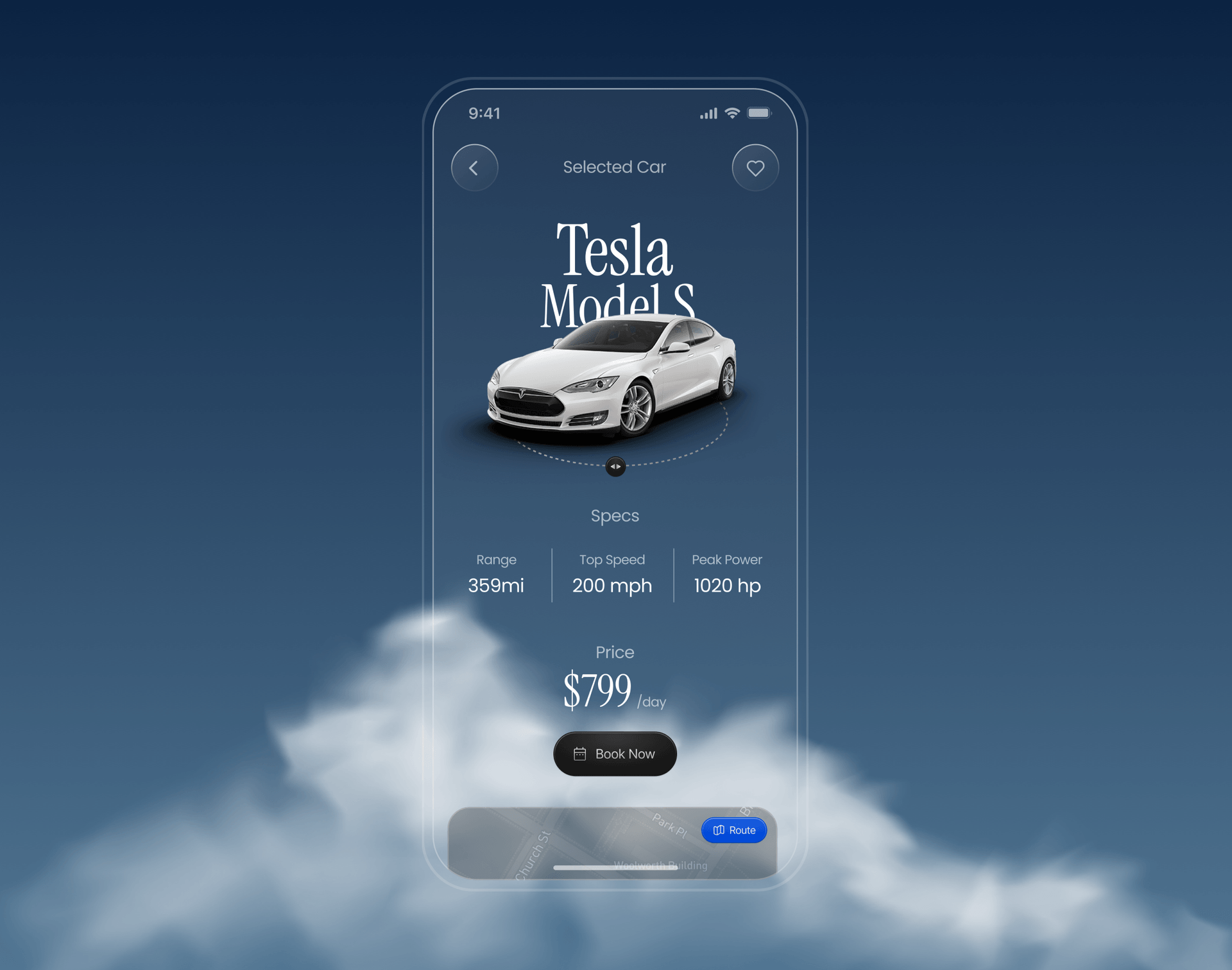 Car rental application concept UI featuring vehicle listing and statics
