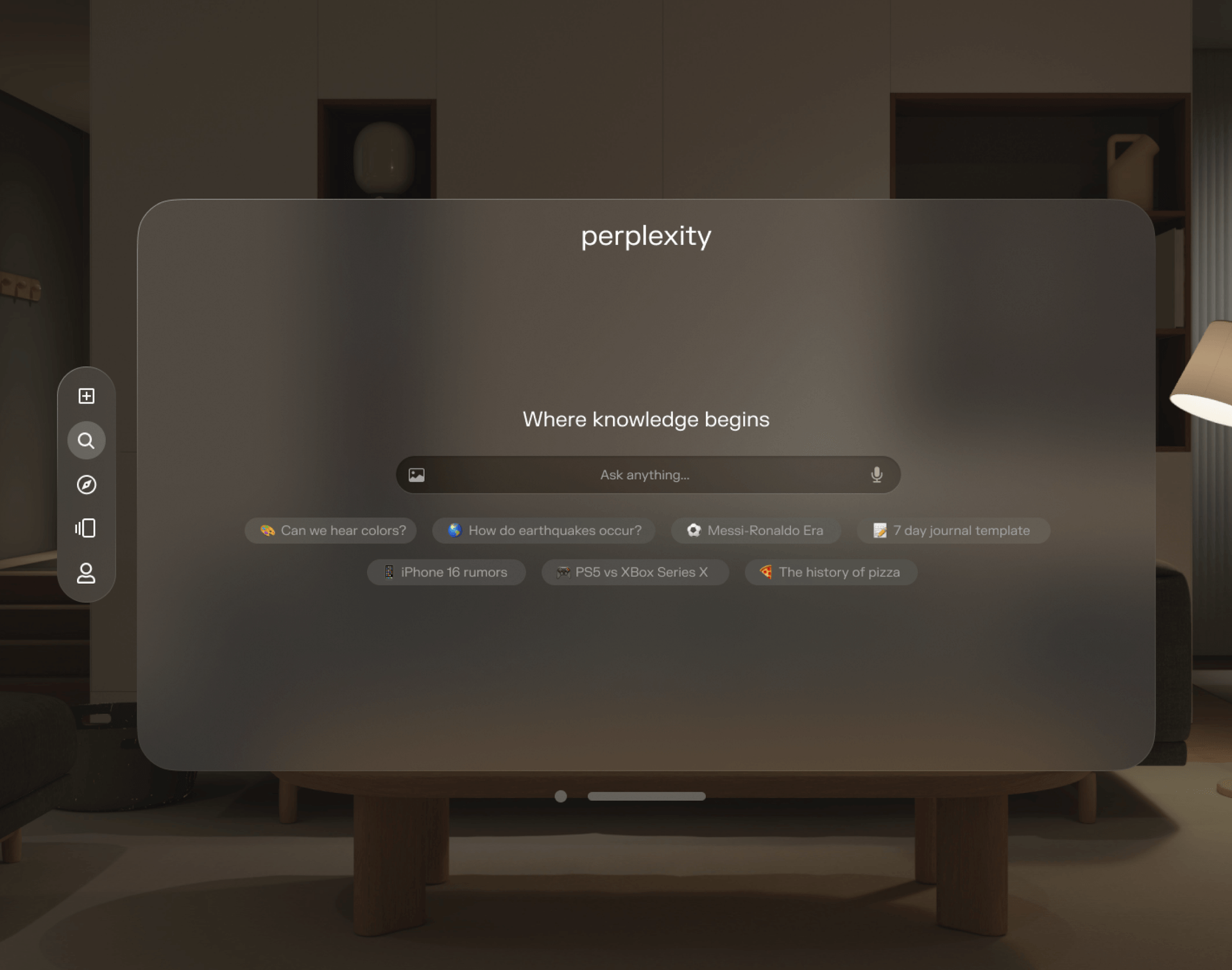 Perplexity AI interface concept designed for Apple Vision Pro with immersive spatial computing elements